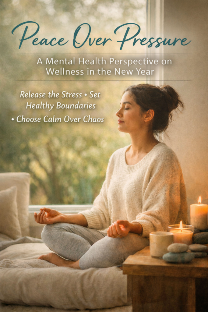 Peace Over Pressure: A Mental Health Perspective on Wellness in the New Year 1 Calm woman practicing mindfulness indoors, reflecting themes of women’s mental health, stress reduction, and choosing peace over pressure.