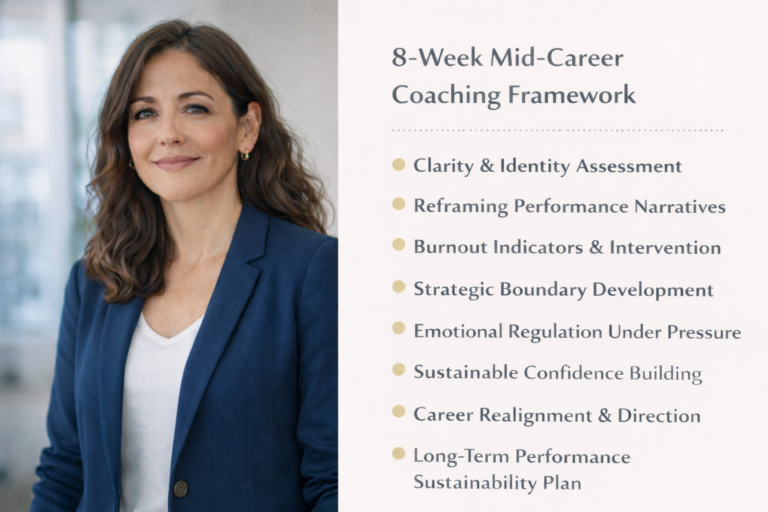 mid-career professional woman. next to her states the 8 week coaching framework